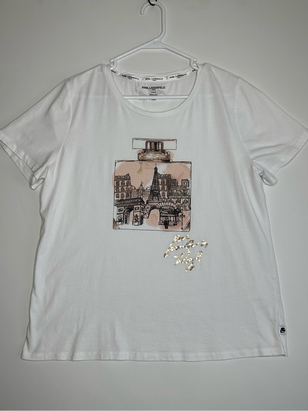 Karl Lagerfeld White Tee with Paris Perfume Bottle Graphic